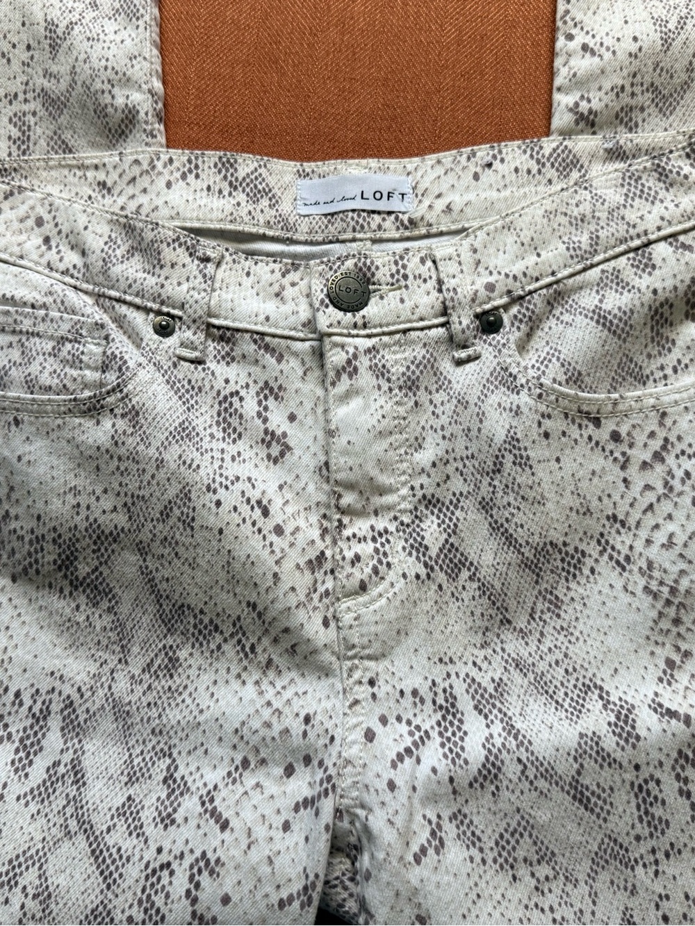 LOFT Neutral Snake-Print Jeans in Taupe and Cream - Picture 3 of 10